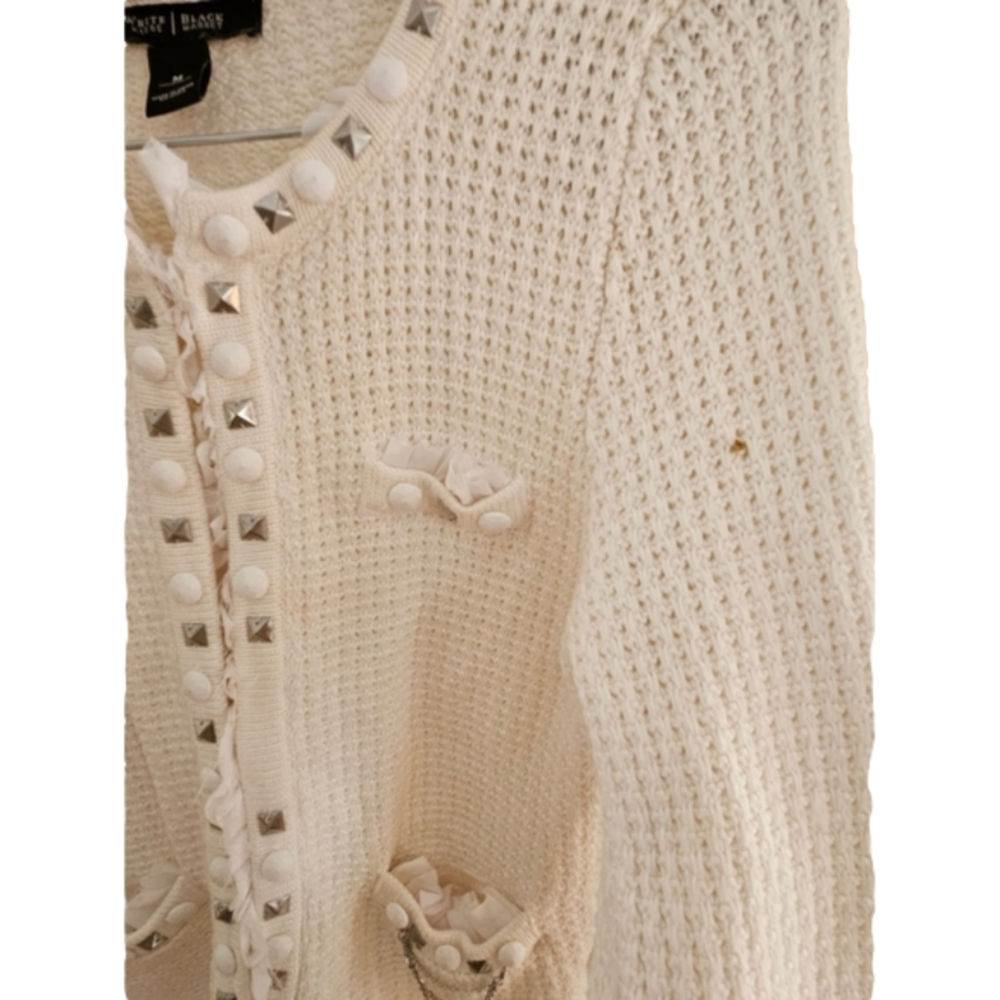 White House Black Market Cream Ruffle/Jewel Detail  Sweater Cardigan-Size Medium - Picture 10 of 12